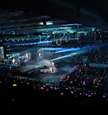 A large indoor arena filled with an audience watching a live performance. The stage features large screens displaying a performer and graphics, with bright spotlights and ambient lighting creating a dynamic atmosphere. The crowd is holding glow sticks, adding vibrant colors to the scene.