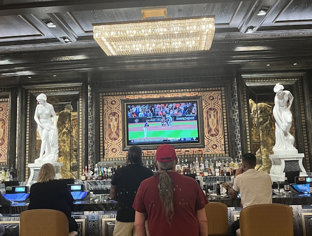 Several people are seated at a luxurious bar, with a large TV screen showing a sports game. The bar is elegantly decorated with ornate details and sculptures. The ceiling has a large, rectangular, crystal chandelier.